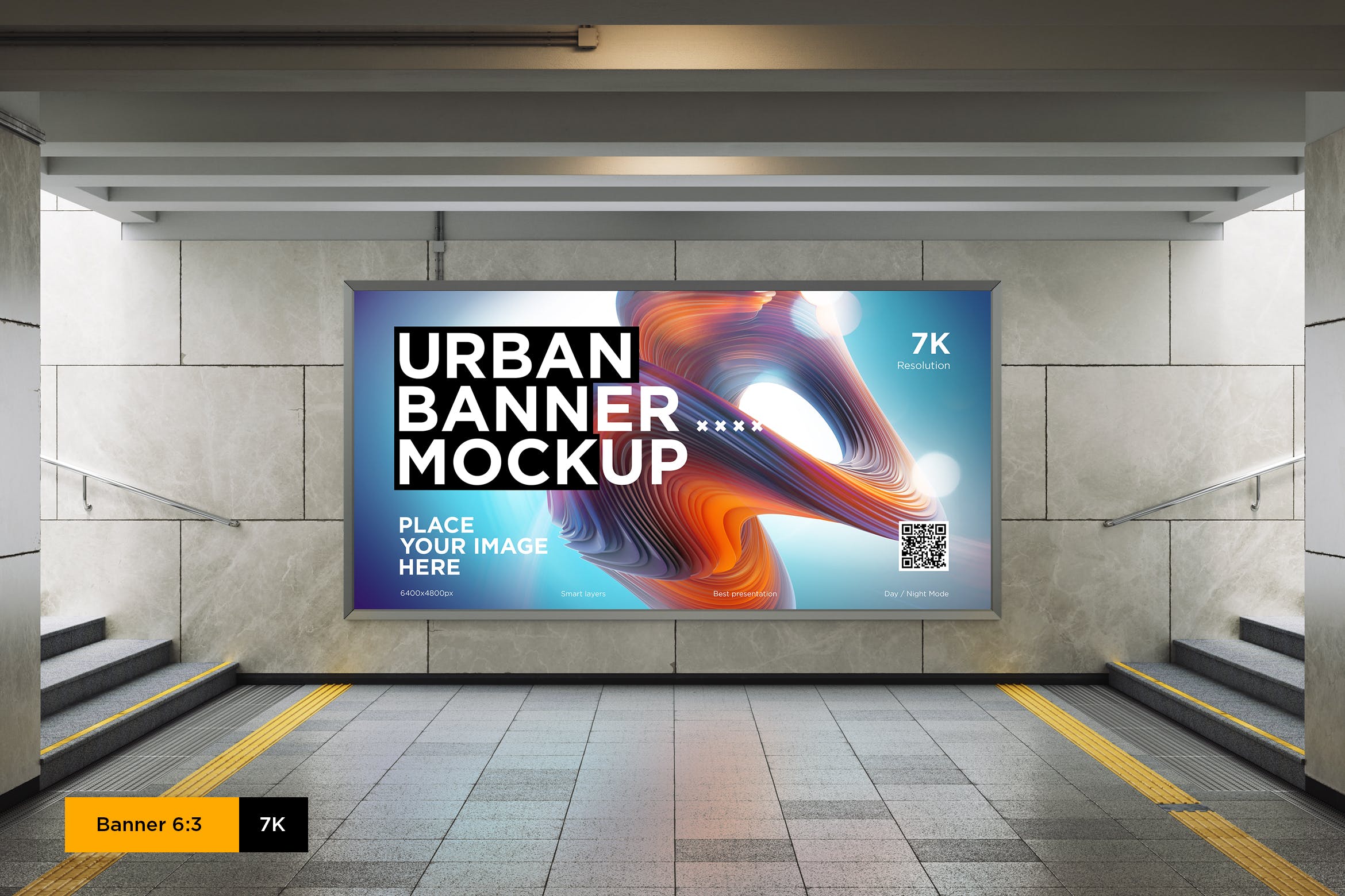 地铁隧道灯箱广告设计预览样机模板 City Lightbox Banner Mockup in Subway插图