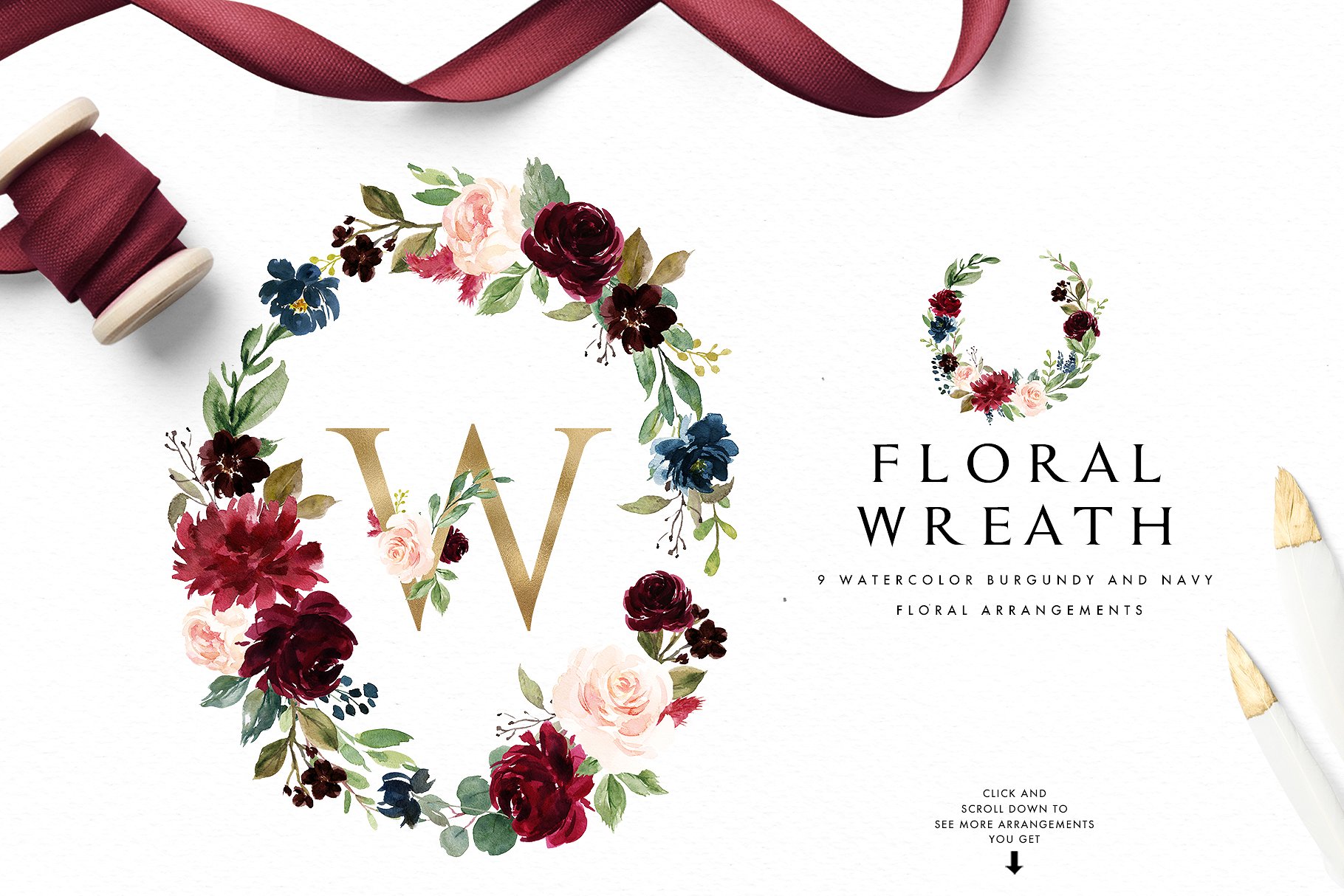 极力推荐：水彩花卉素材 Burgundy&Navy Floral Graphic Set [1.63GB]插图6