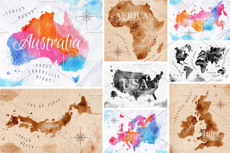 水彩世界地图矢量图形 Watercolor world map插图2