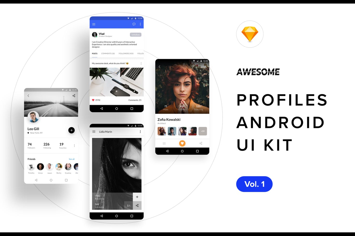 安卓社交APP应用用户中心界面设计模板v1[SKETCH] Android UI Kit – Profiles Vol. 1 (Sketch)插图