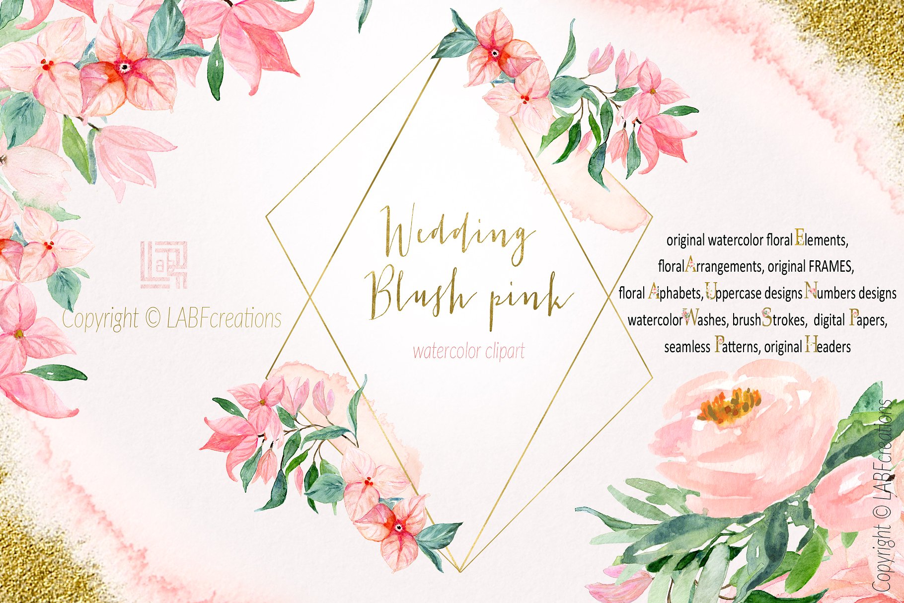胭脂红水彩花卉元素，花环，花式字母… Blush pink bougainvillea插图2