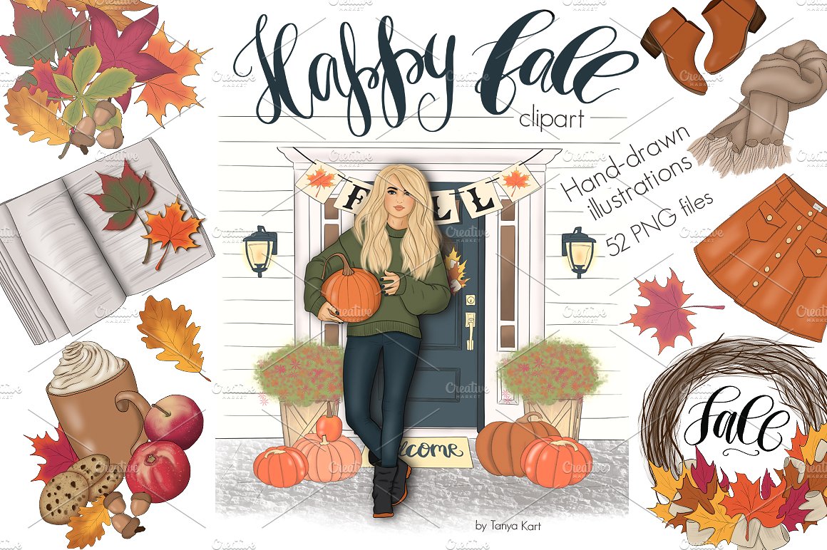 丰收的季节手绘设计插画素材+纹理 Happy Fall Autumn Design Kit插图