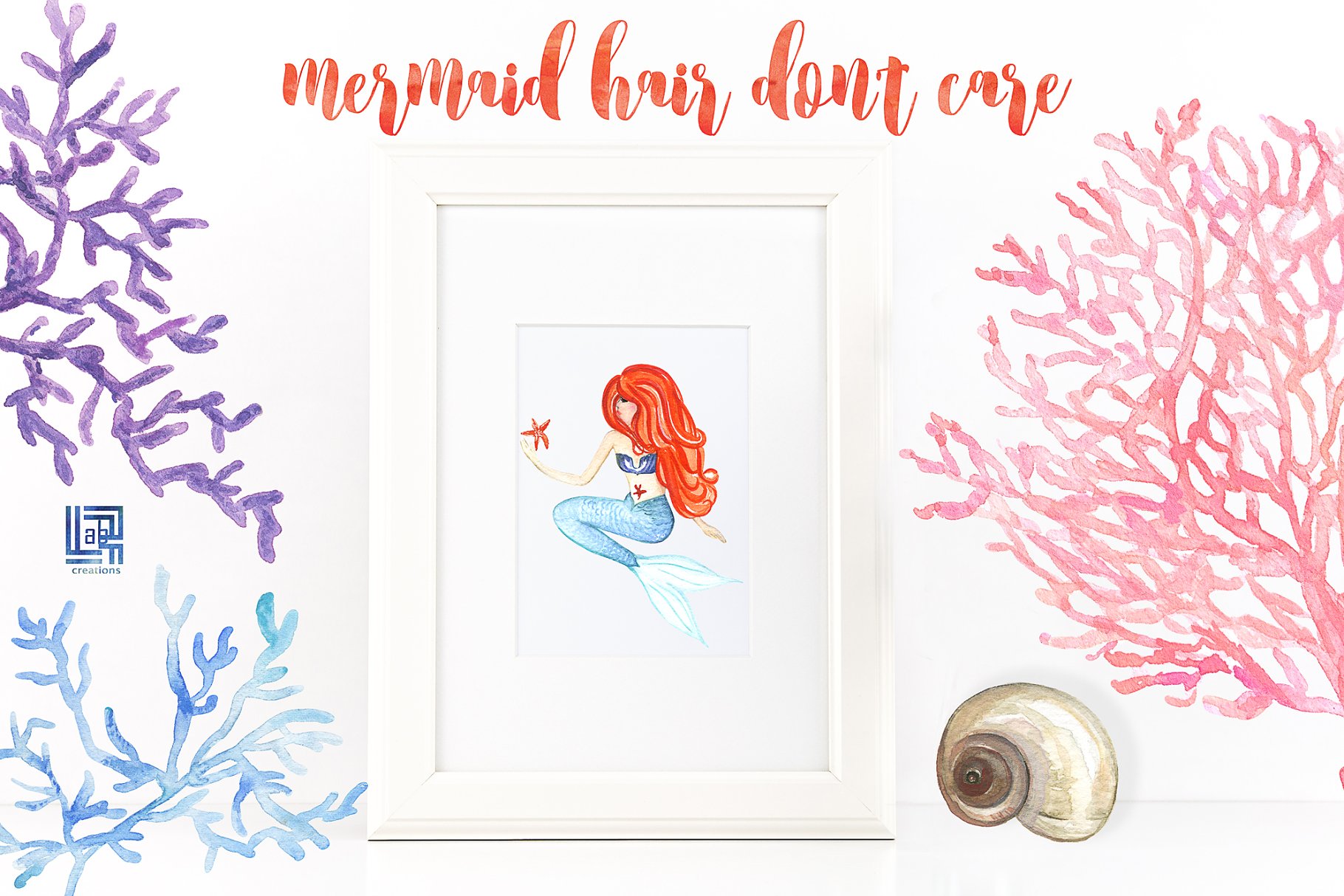 美人鱼与海水彩剪贴画 Mermaid sea. watercolor clipart插图6