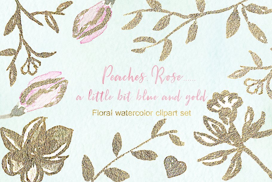 桃色和金色玫瑰水彩剪贴画 Peaches Roses and gold watercolor插图(4)