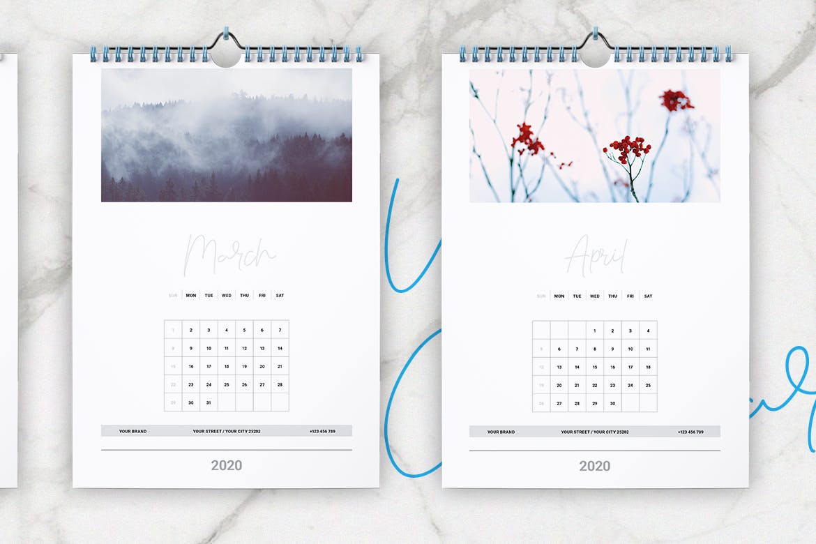 2020年风景照片挂墙活页日历设计模板 Wall Calendar 2020 Layout插图2