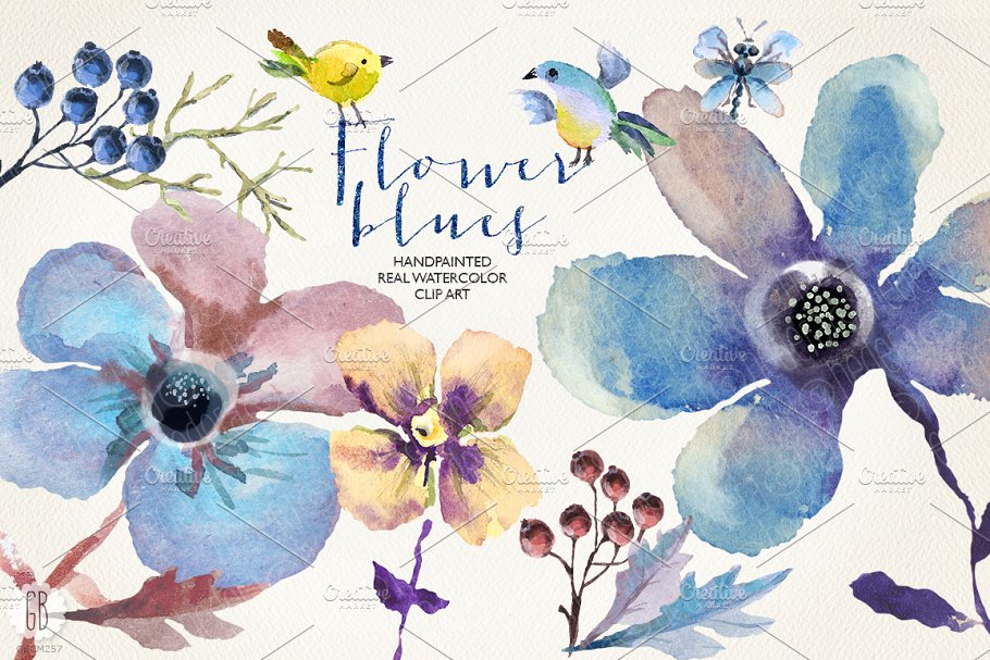花朵、鸟儿、蝴蝶及乡村背景元素  Aquarelle blue flowers插图