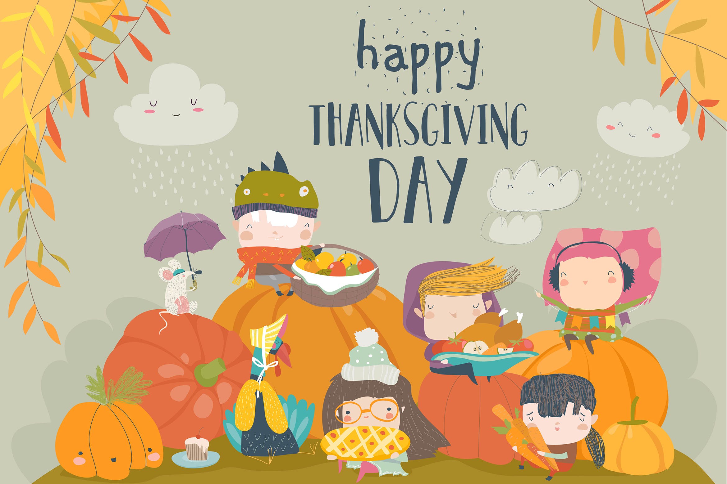 儿童感恩节活动矢量手绘插画素材 Cartoon children celebrating Thanksgiving Day with插图