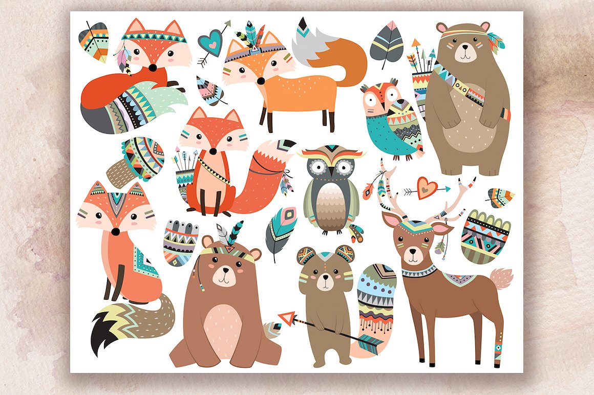 手绘林地部落动物和森林设计元素 Woodland Tribal Animals V.2 Clipart插图
