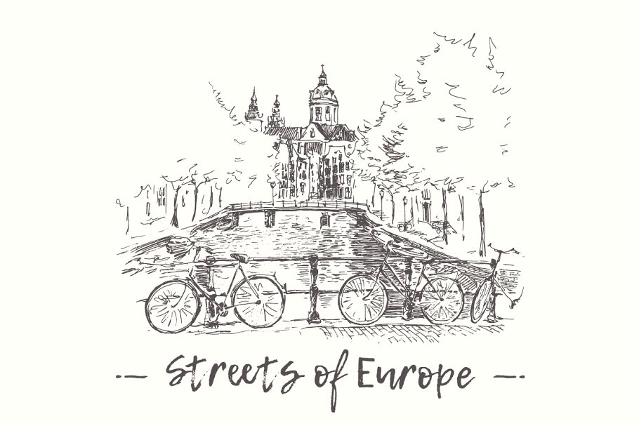 欧洲街景素描剪影 Streets of Europe with canals插图