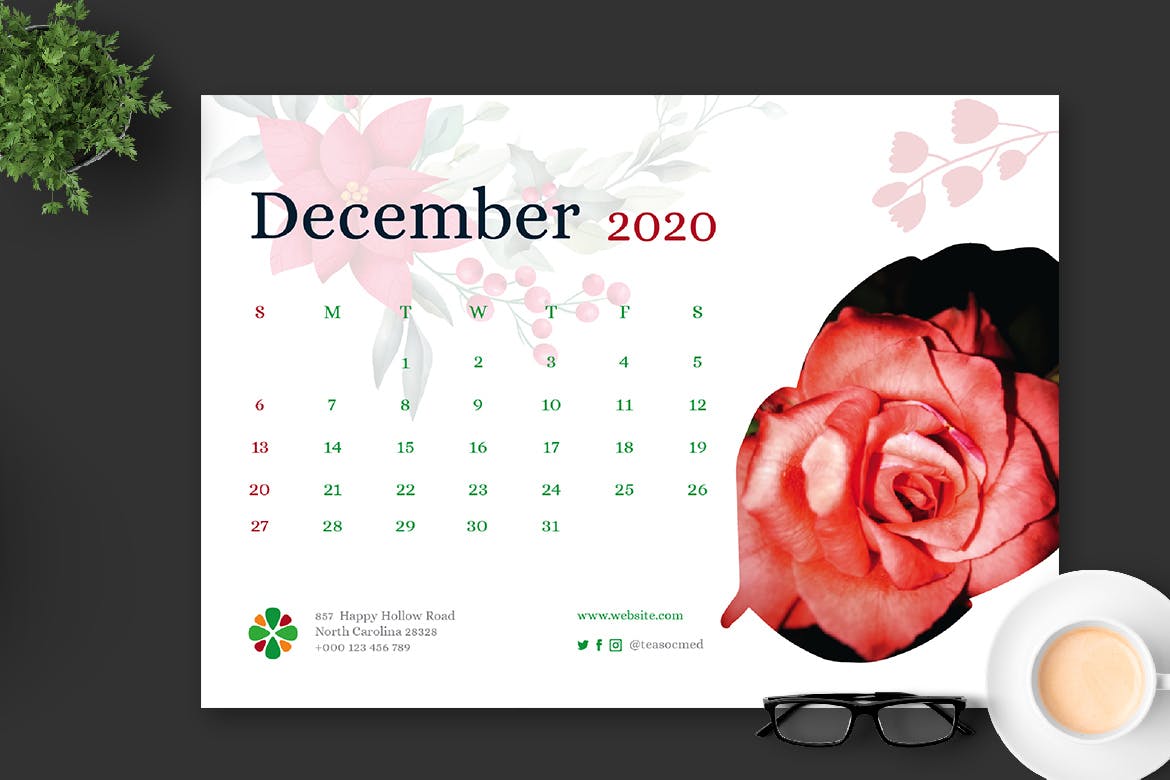 2020年花卉主题翻页台历设计模板 2020 Clean Florist Calendar Pro插图(7)