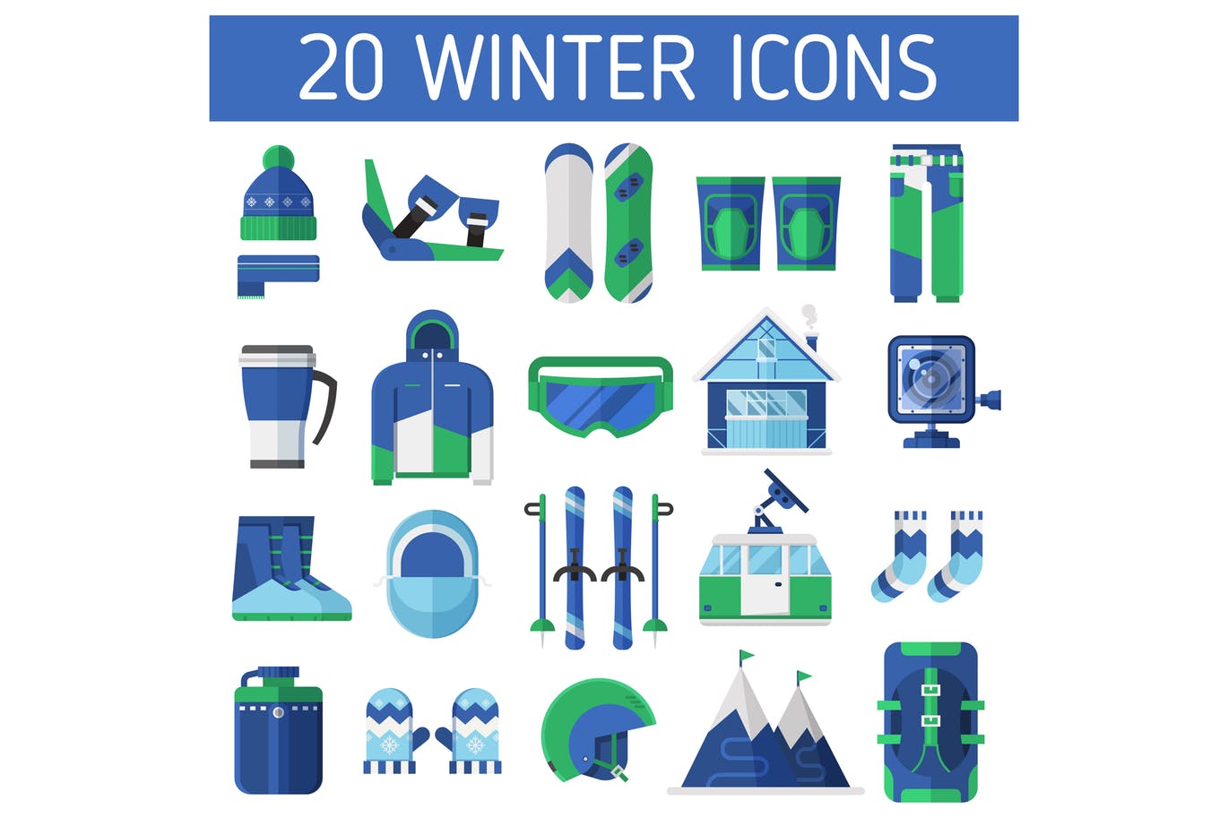 冬天滑雪体育运动主题矢量图标素材 Winter Ski Resort Icons插图