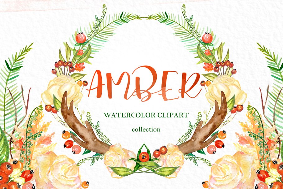 秋天水彩花卉花环剪贴画合集 Amber. Autumn watercolor clipart插图1