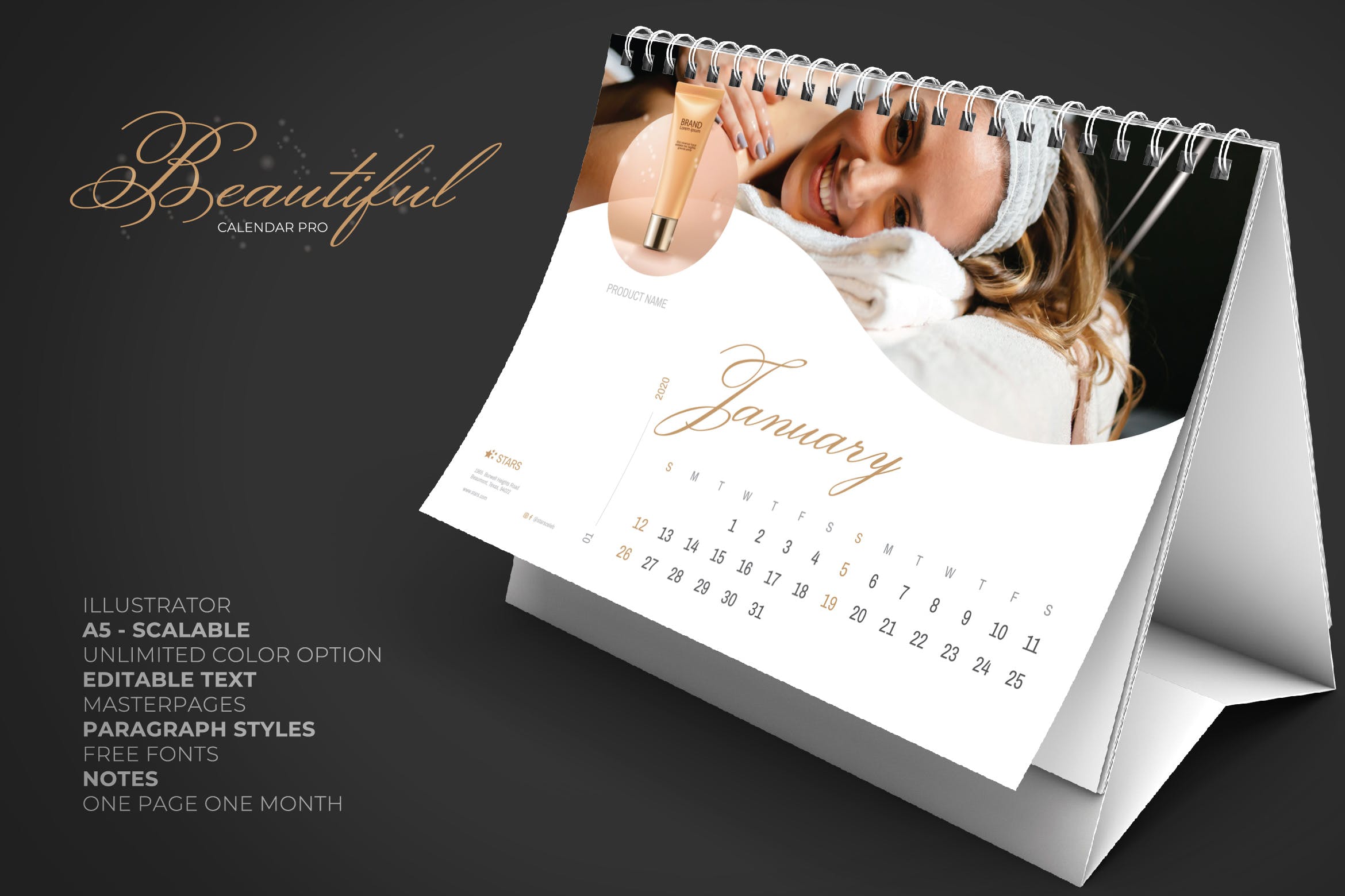 2020年美容行业定制横版活页台历设计模板 2020 Beauty Creative Calendar Pro插图