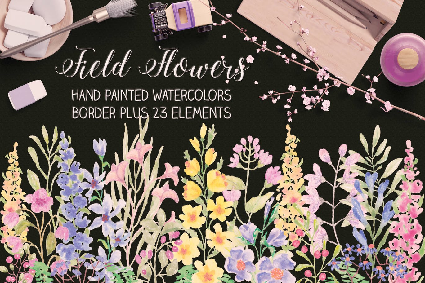 水彩手绘花卉边框&元素PNG素材 Field Flowers: Watercolor Border plus Elements插图