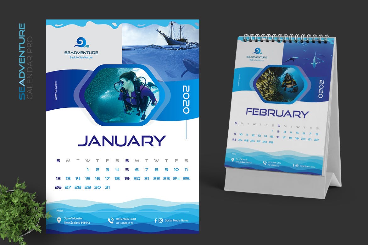 2020年潜水主题翻页台历设计模板 2020 Sea Activities Calendar Pro插图(1)
