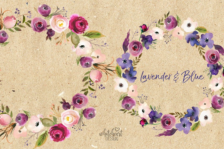 薰衣草色与蓝色水彩花卉剪贴画 Lavender & Blue Watercolor Flowers插图(3)