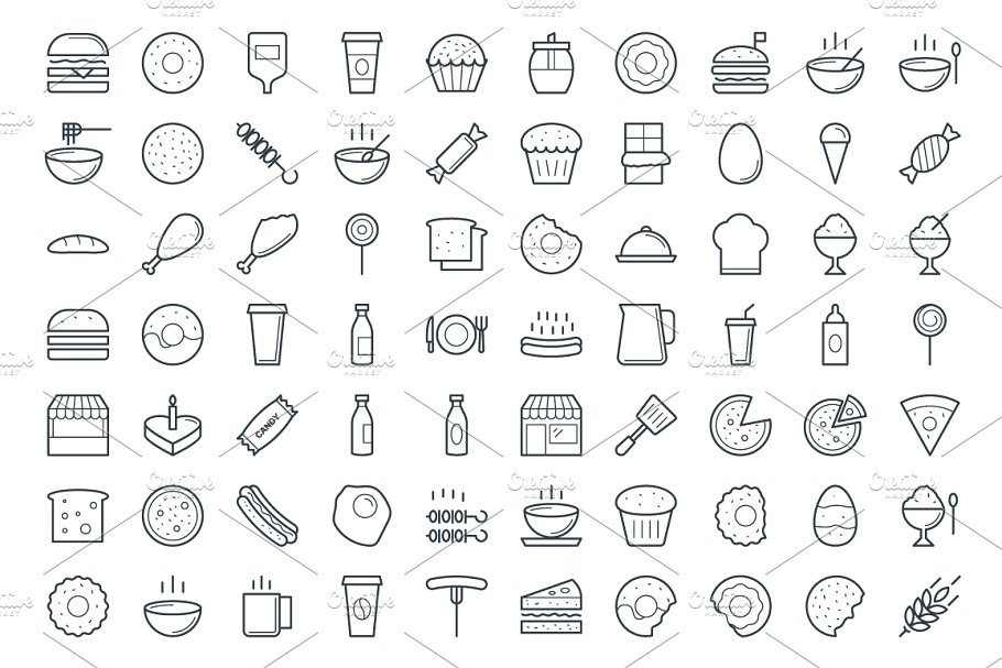 300+极简黑色线条快餐食物图标 300+ Food Vector Icons插图(1)