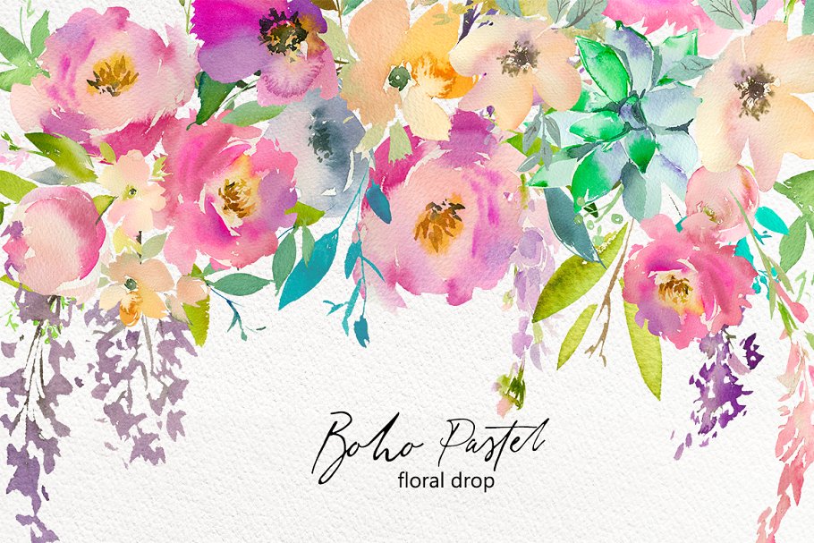 波希米亚式水粉花卉素材集 Boho Pastel Watercolor Flowers Set插图6