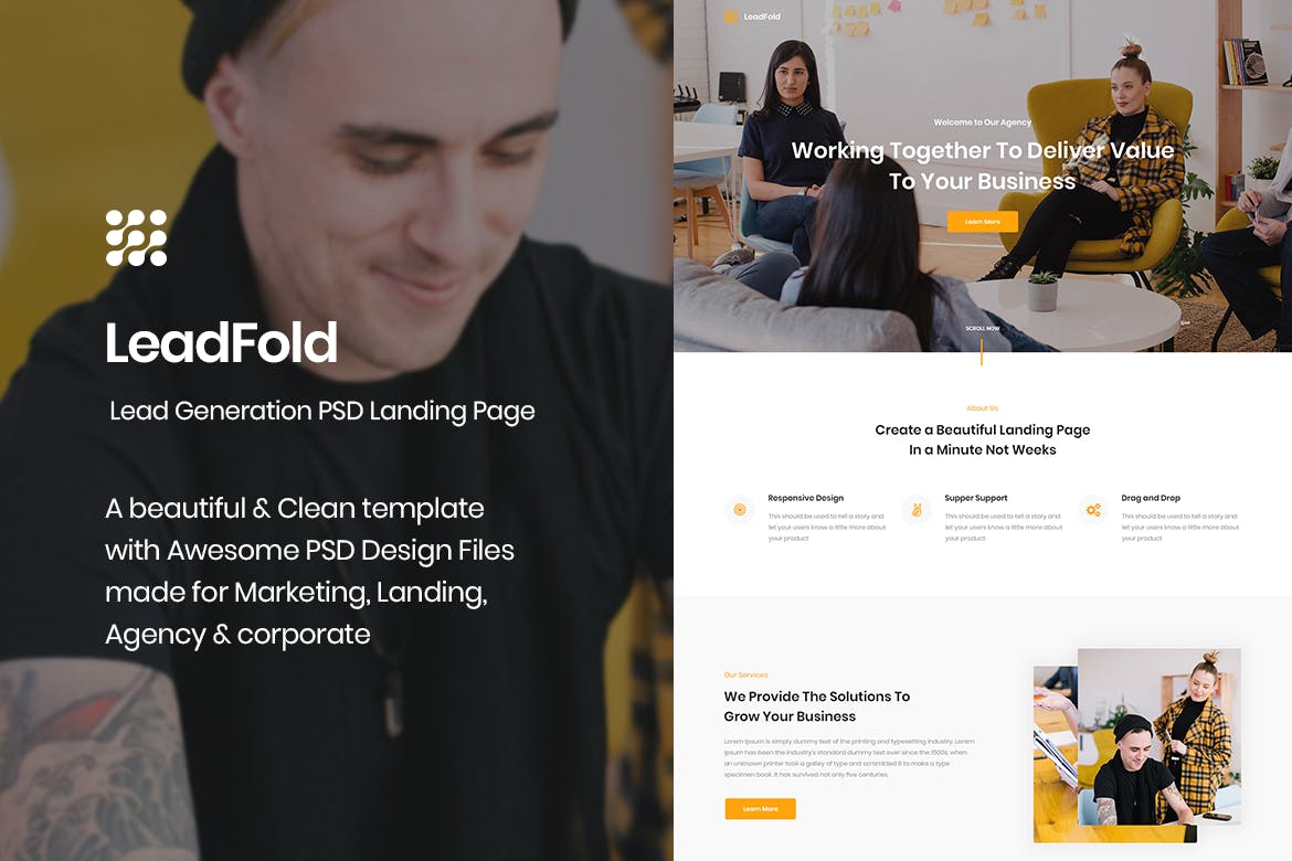 现代简约销售服务网站着陆页PSD模板 LeadFold – Lead Generation PSD Landing Page插图