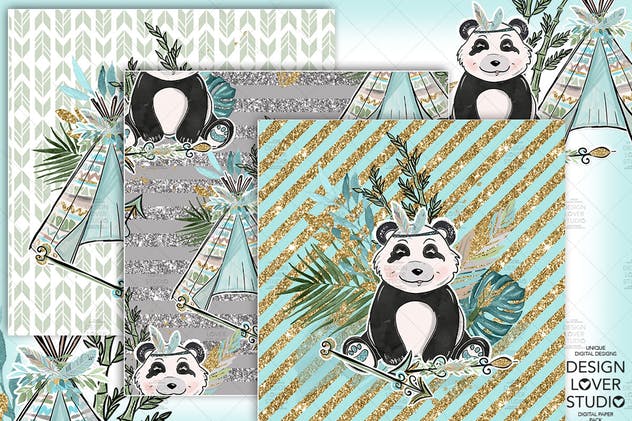 波西米亚风格熊猫无缝图案设计素材 Boho Panda digital paper pack插图5