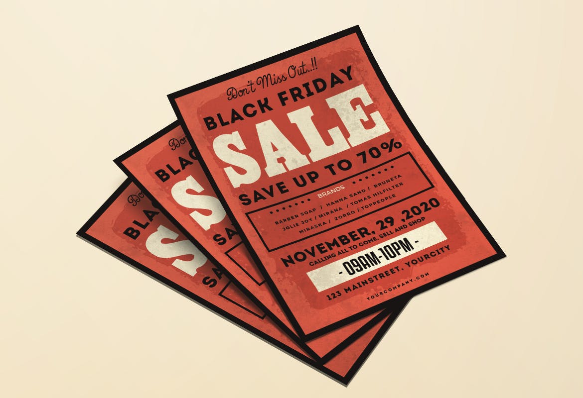 复古设计风格黒五购物节品牌联合促销活动海报传单模板 Black Friday Flyer插图(3)