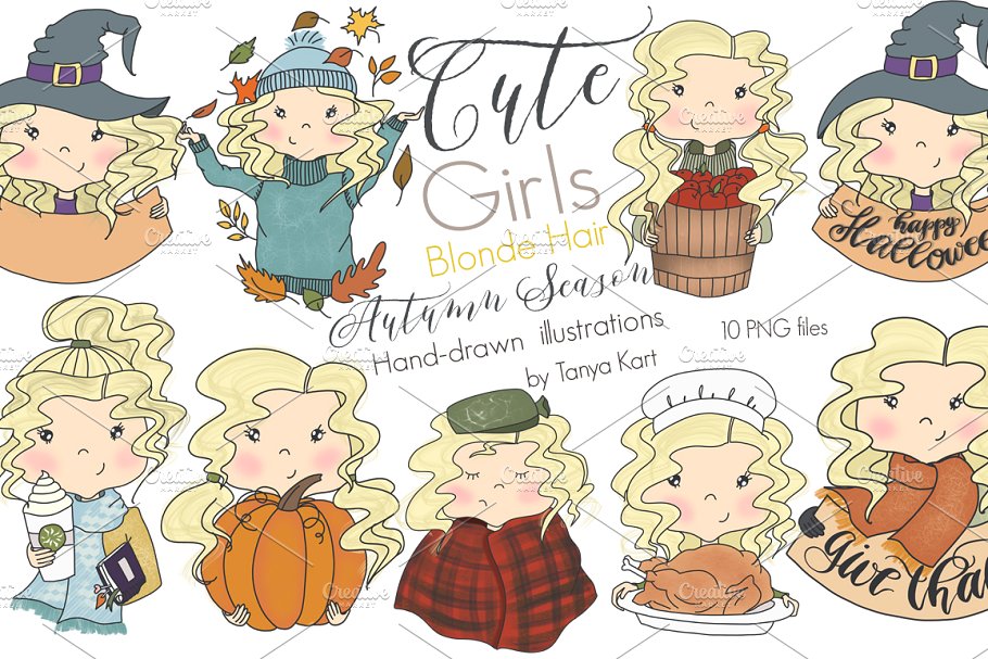 4套卡通可爱女孩矢量插画 Collection of 4 Sets Cute Girls插图(2)