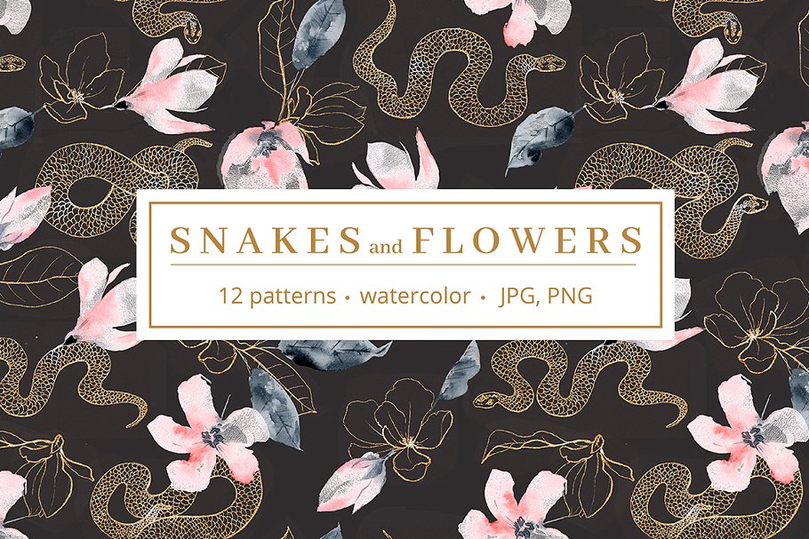高贵品质的蛇&花卉水彩图案合集插图(6)
