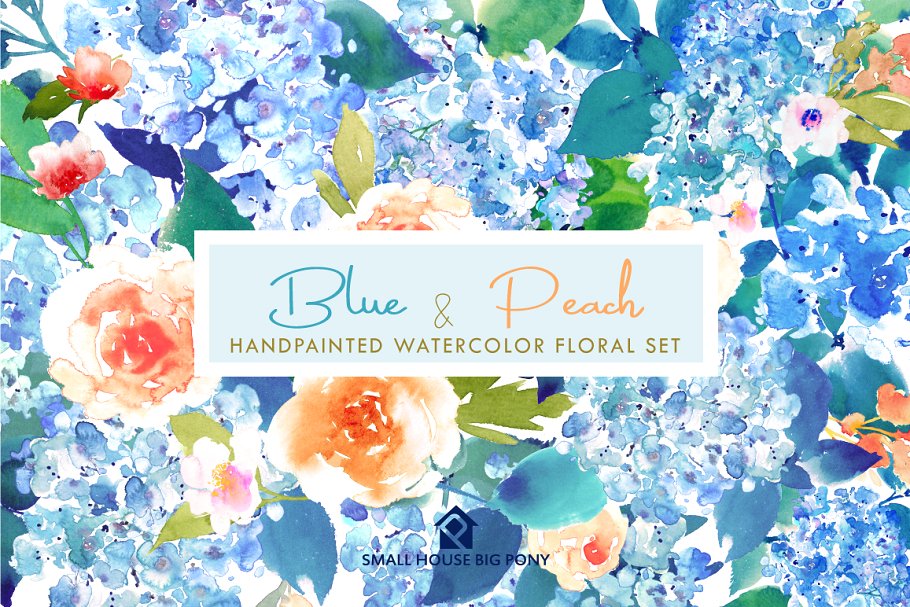 蓝色和桃色-水彩花卉元素套装 Blue & Peach- Watercolor Floral Set插图5