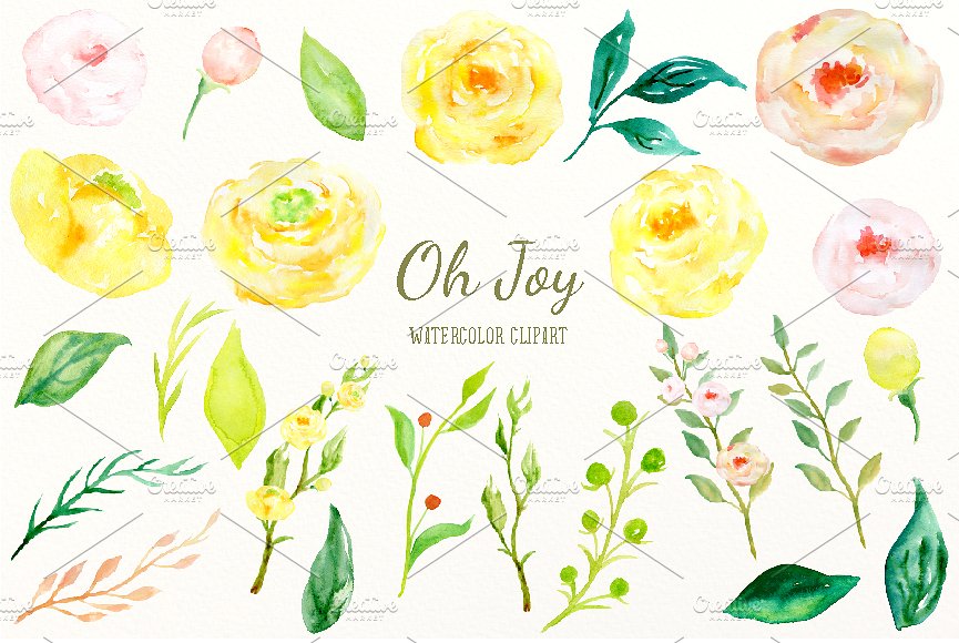 明亮水彩黄色玫瑰花剪贴画装饰 Watercolor Yellow Rose Oh Joy插图(1)