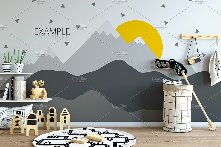 儿童主题卧室墙纸设计&相框样机 Interior KIDS WALL & FRAMES Mockup 2插图(5)