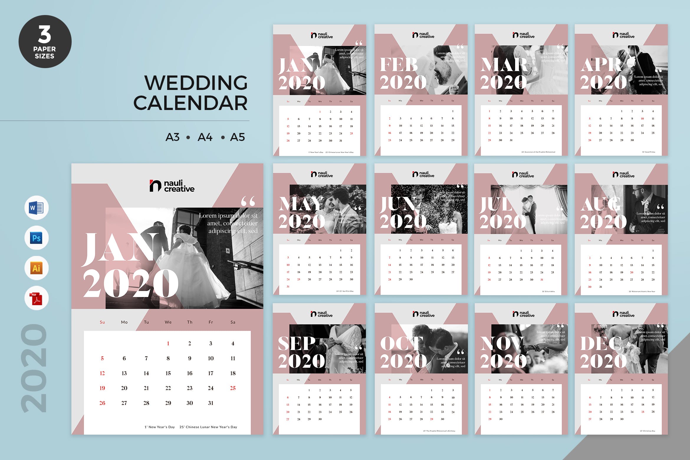 婚纱摄影主题2020年日历表定制设计模板 Wedding Calendar 2020 Calendar – AI, DOC, PSD插图