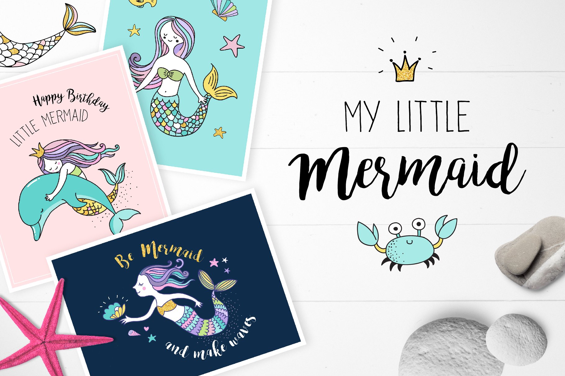 小美人鱼与海洋生物元素及贺卡模板 Little Mermaid – under the sea set插图