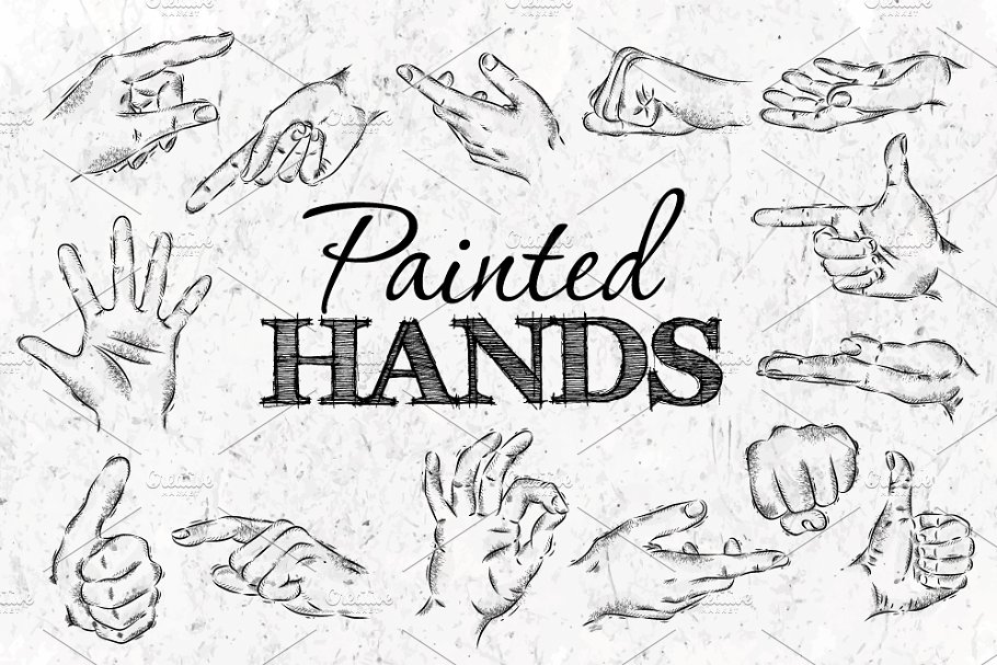 复古手绘手势动作黑板粉笔画 Painted hands插图