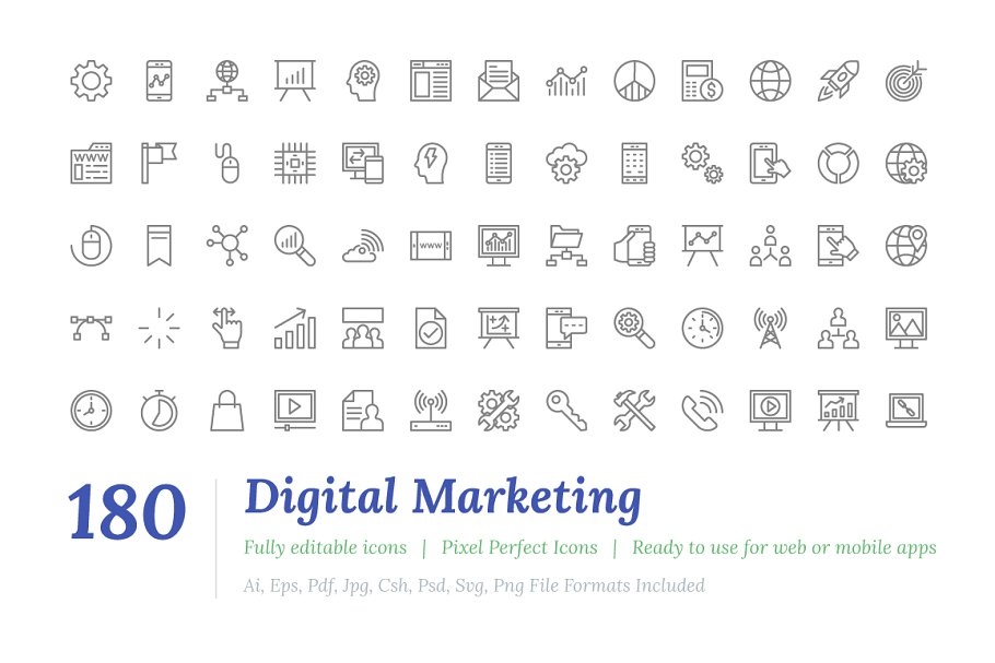 180枚数字营销线条图标 180 Digital Marketing Line Icons插图