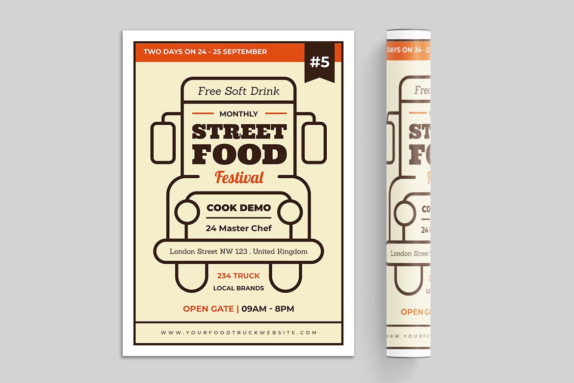 简约风快餐车美食节宣传单海报设计模板 Food Truck Flyer插图(1)