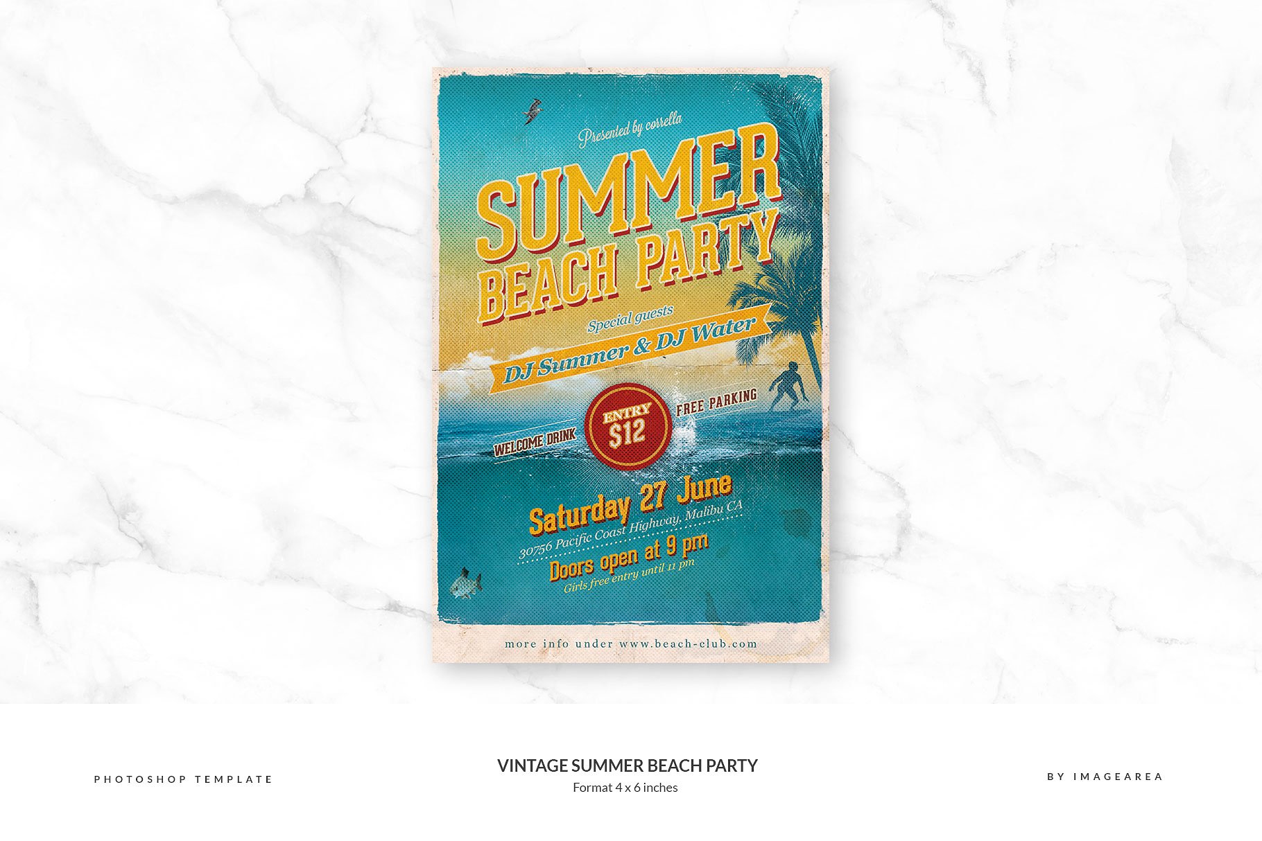 复古夏日沙滩派对单页传单模板  Vintage Summer Beach Party插图