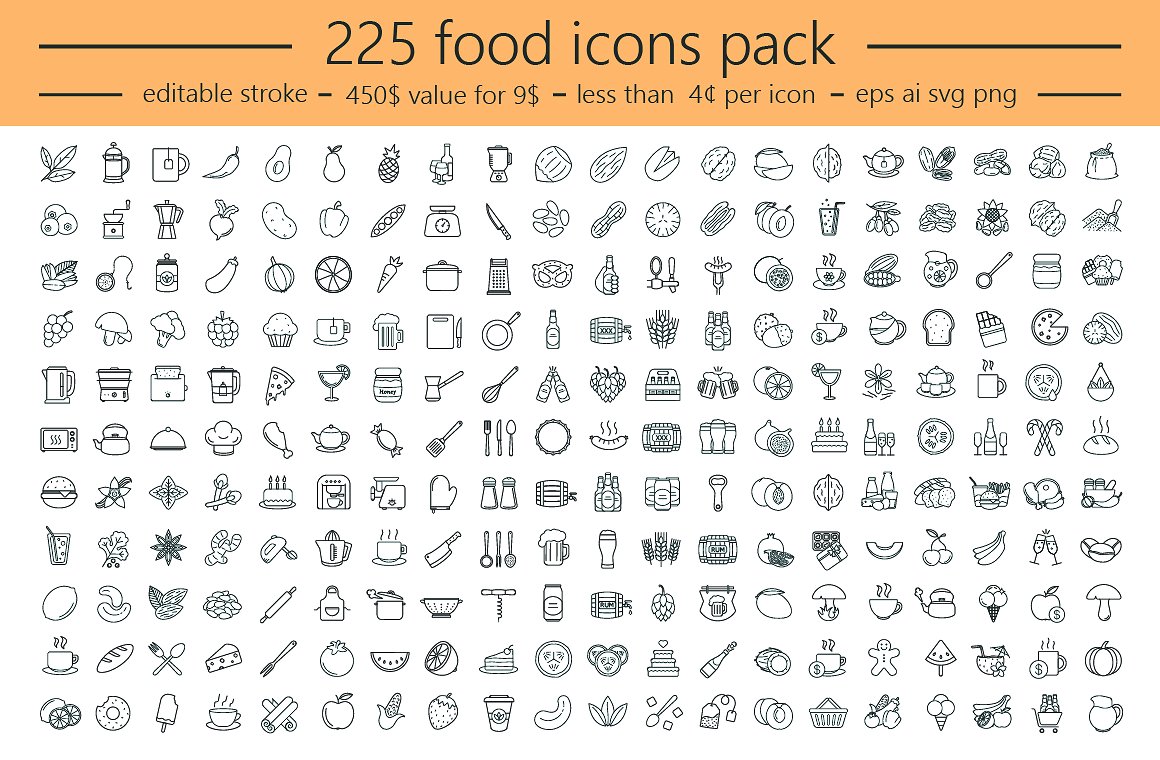 225+食物类线性矢量图标打包下载[eps,ai,svg,png]插图