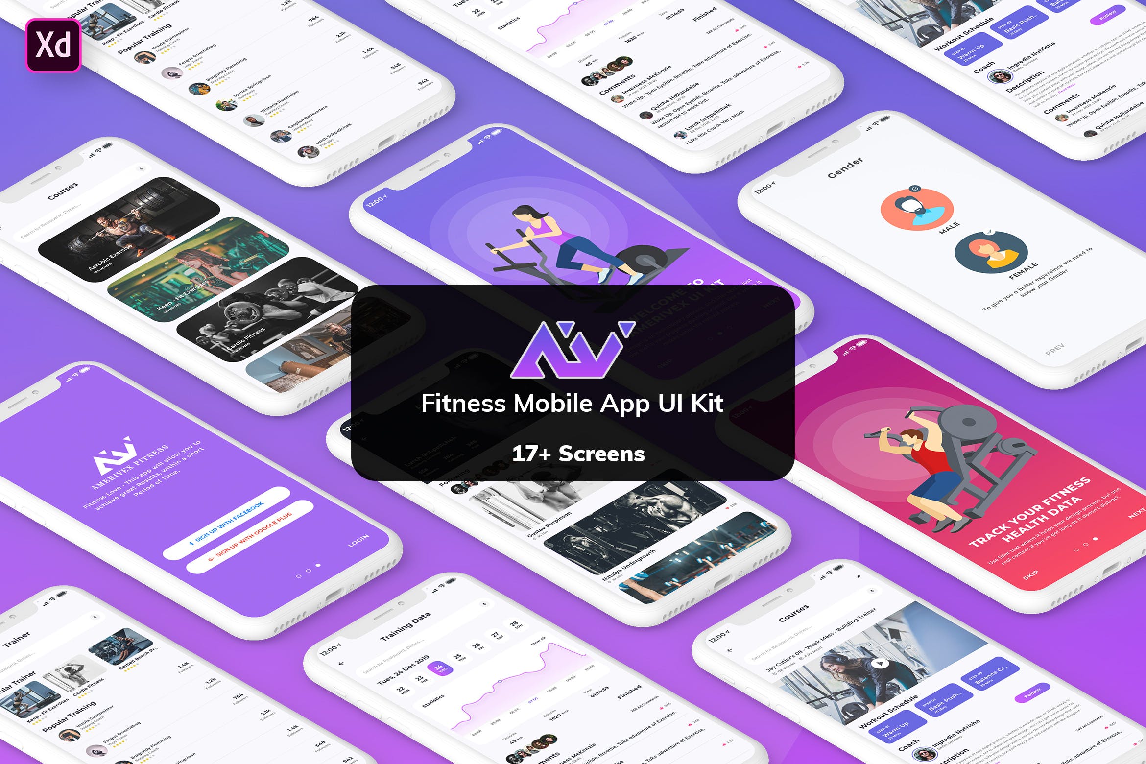 健身运动主题APP应用UI设计套件[for XD] Amerivex-Fitness MobileApp UI Kit Light (XD)插图
