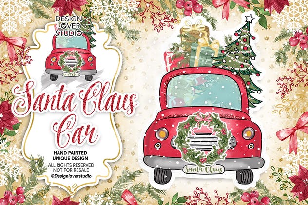 圣诞老人礼物小车矢量插画 Santa Claus Car design插图2