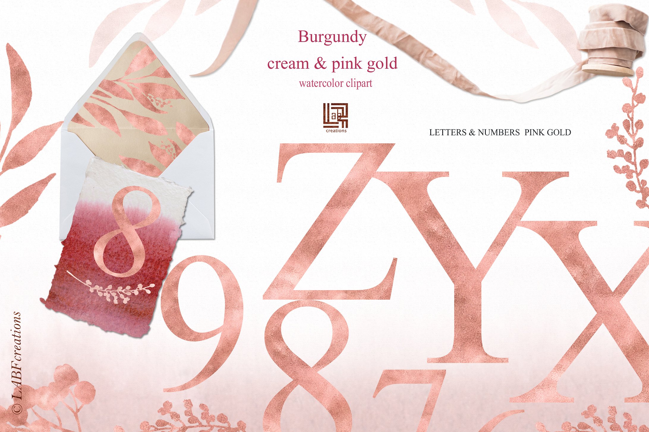 勃艮第奶油和金粉色水彩花卉剪贴画 Burgundy cream  & gold pink flowers插图(7)