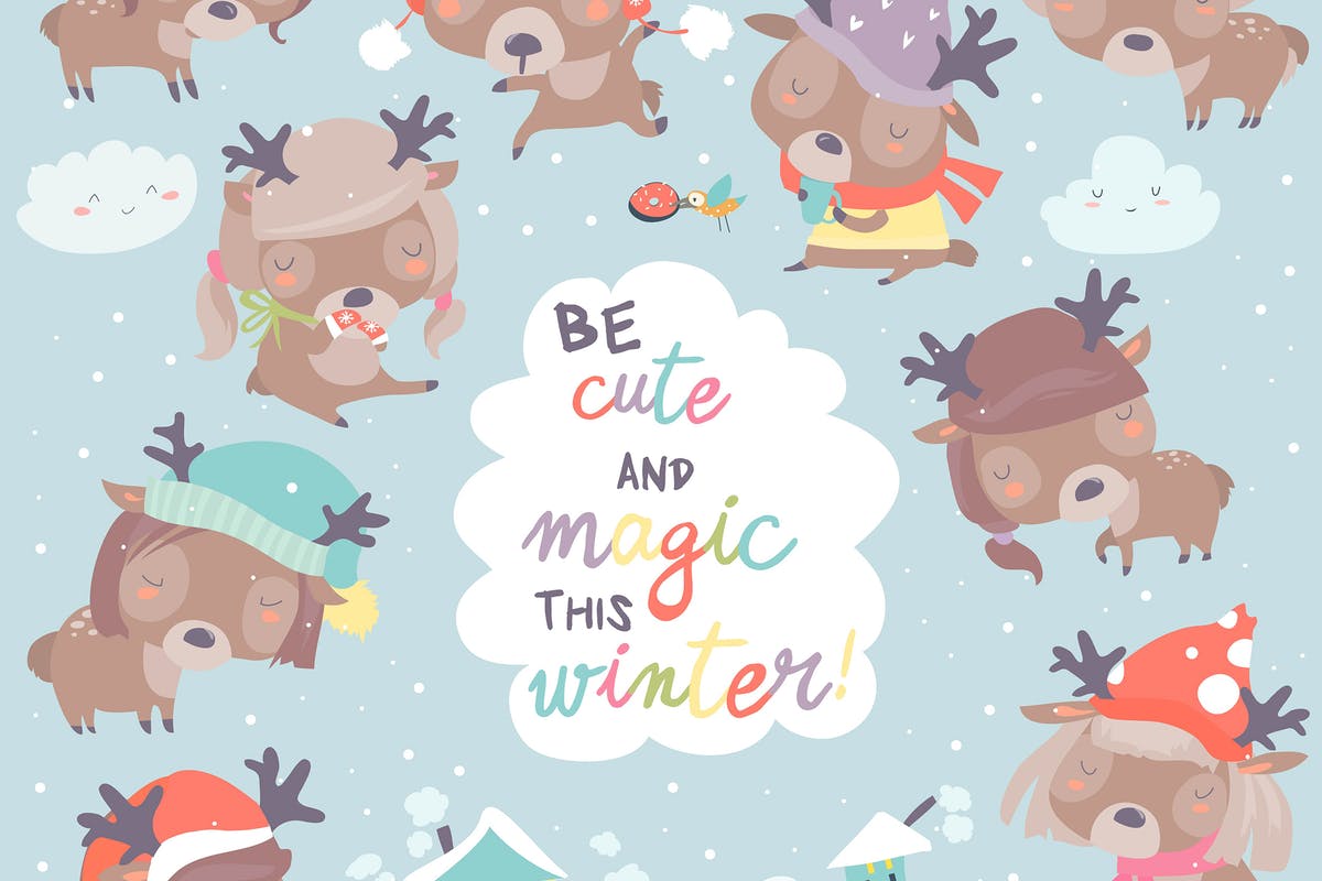 圣诞节卡通小鹿矢量插画 Set with cute little deers on winter background.插图