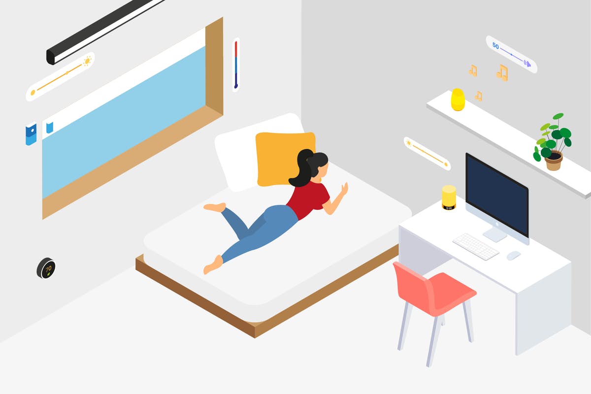 智能家居卧室等距概念图矢量插画 Smart Home Bedroom Isometric Illustration插图