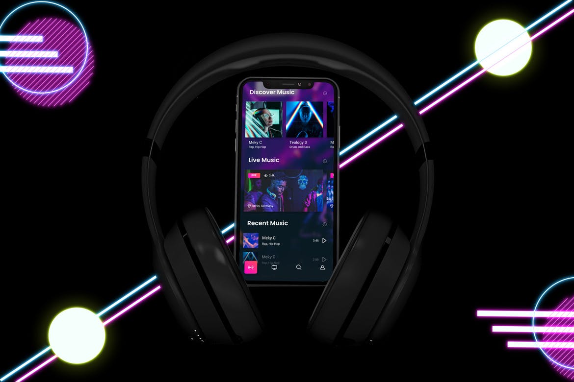 在线音乐APP设计效果图样机模板 Neon Music App MockUp插图3