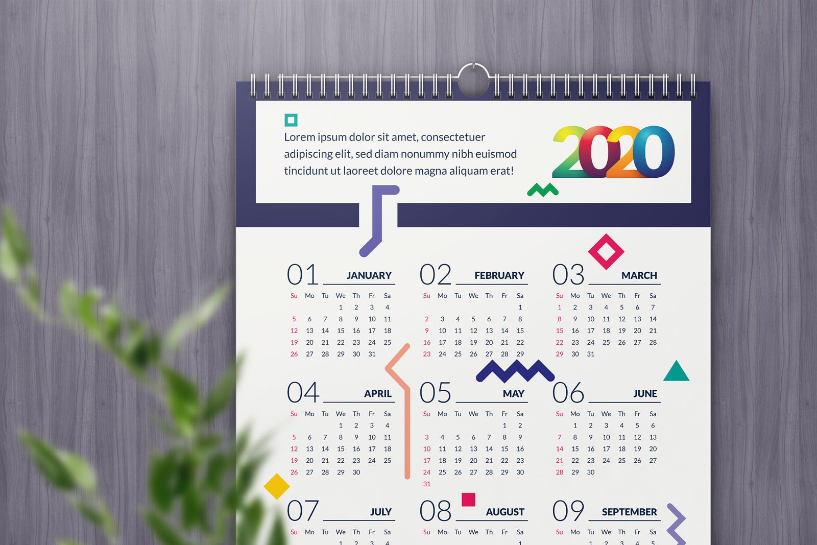 抽象几何设计风格2020年单页日历表设计模板 Geometric Calendar 2020插图1