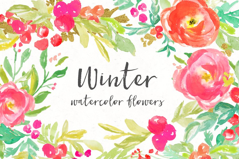 冬季水彩花卉艺术剪贴画 Winter Watercolor Flowers Clip Art插图
