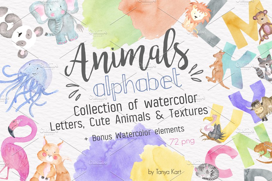 字母、可爱动物水彩图案&纹理 Alphabet Watercolor Animals Kit插图