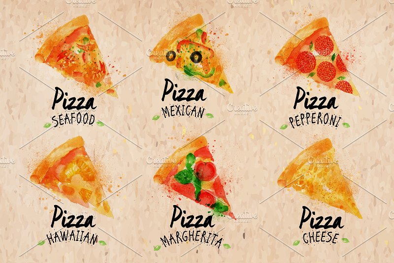 手工绘制的水彩污渍披萨插图合集 Pizza watercolor set插图(4)