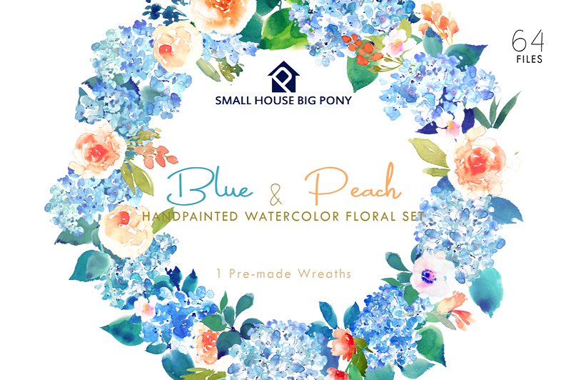 蓝色和桃色-水彩花卉元素套装 Blue & Peach- Watercolor Floral Set插图6
