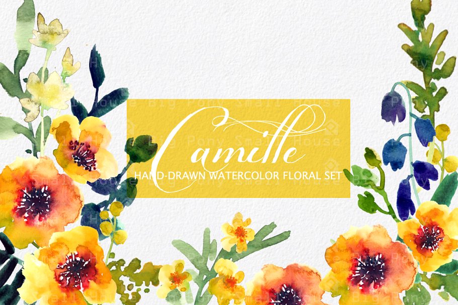 水彩阳光暖黄色花卉素材 Camille- Watercolor Clip Art Set插图