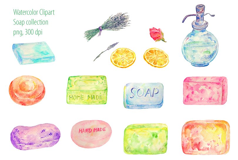 美容护肤品牌水彩手绘插画设计素材 Watercolor Clipart Soap Collection插图
